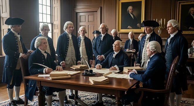 A re-enactment of the signing of the Declaration of Independence, with period-accurate costumes and setting.