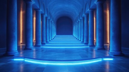 Obraz premium Futuristic Blue and Orange Lit Column Hallway