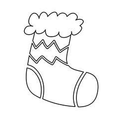 Christmas stocking doodle line art with festive pattern. Black outline Christmas stocking illustration in doodle style with decorative patterns, perfect for coloring pages, and festive designs.
