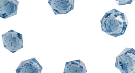 Abstract translucent crystalline geometric forms with internal data circuits, in cool tones of blue, white, and gray, meticulously arranged on a transparent studio background, concept of