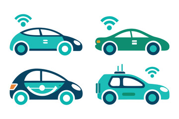 Set of four stylized, flat design icons representing autonomous vehicles with wifi signals, symbolizing smart transportation and future mobility concepts, isolated on white background