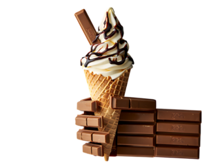 Png delicious vanilla ice cream cone with chocolate drizzle and kit kat bars isolated on transparent background, a perfect treat for a hot summer day transparent background