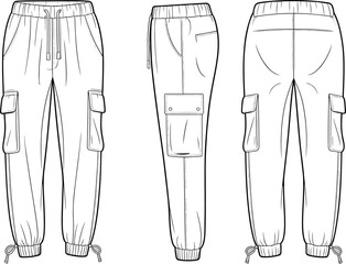 Technical flat sketch of cargo jogger pants front, side, and back view with pockets, drawstring hem, fashion vector design template, menswear apparel illustration