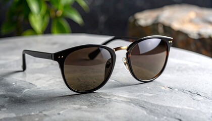 Elegant unisex sunglasses for sun protection. A modern fashion accessory with dark lenses and a chic frame on a textured tabletop.
