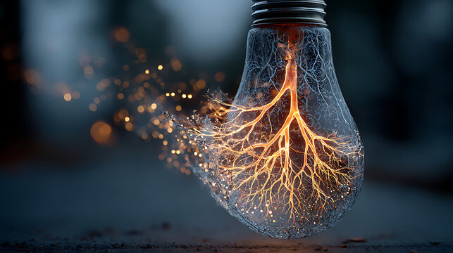 Lightbulb with glowing energy pathways and particles exploding outwards