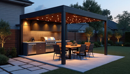 Modern backyard patio with pergola features outdoor kitchen, dining area with table, chairs. Warm string lights illuminate stone patio, landscaping. Stylish steel, wood structure for luxury