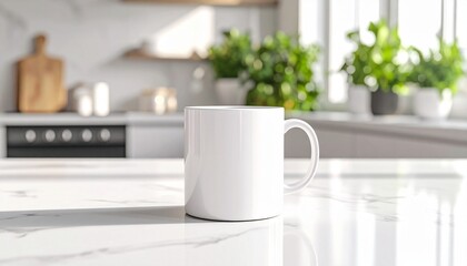 Obraz premium White mug mockup on a sunlit marble kitchen island. A clean template for branding display in a modern home interior.