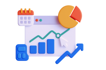 Transparent PNG of Business Metrics Icons: Calendar, Pie Chart, Line Graph, Bar Charts, Calculator & Upward Arrow – Flat Design Symbols of Data, Growth & Analysis