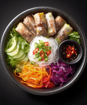 Vietnamese spring rolls bobun bowl, vegetables rice noodles dipping sauce healthy asian cuisine rainbow salad cucumber lettuce carrots purple cabbage cilantro dark ceramic bowl.