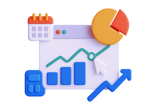 Transparent PNG of Business Metrics Icons: Calendar, Pie Chart, Line Graph, Bar Charts, Calculator & Upward Arrow – Flat Design Symbols of Data, Growth & Analysis - Powered by Adobe