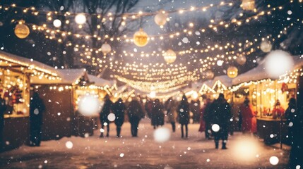 Snowy Christmas market, soft focus. Festive lights,  people strolling