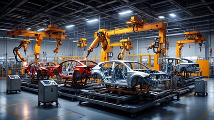 Fototapeta premium Advanced automotive factory featuring robotic arms welding car chassis and modern automation technology for efficient production and manufacturing processes