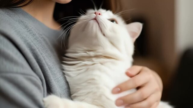 Fluffy white cat held closely by young woman, suitable for emotional pet or soft lifestyle visuals