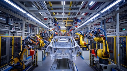 Automated Car Assembly Line with Robotic Arms and Vehicle Chassis in Factory Setting Industrial Production