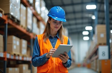 Woman in blue hard hat, orange vest uses tablet in warehouse. She inspects inventory, checks boxes on shelves. Technology, logistics, management, communication for efficient operations.