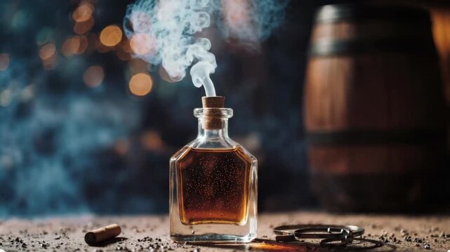 Mystery potion in a glass bottle with smoke and a vintage aesthetic setting