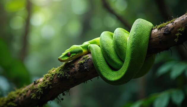 A vibrant green tree python coils around a mossy branch in a rich rainforest. Sunlight filters through the dense canopy, illuminating the reptile scales and its striking red eyes.