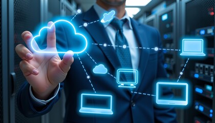 A businessman in a data center interacts with virtual cloud icons on a transparent screen, representing cloud computing, file sharing, and remote server technology.