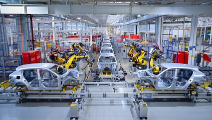 Automated car manufacturing process with robotic arms and vehicle frames on assembly line industrial factory floor showing precision and efficiency
