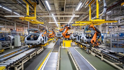 Automated car manufacturing process with robotic arms and assembly line for efficient production and advanced industrial technology solutions
