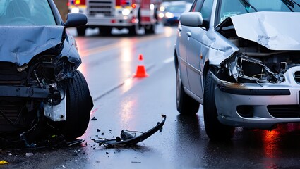 Automobile accident with extensive damage on a wet road showing the aftermath with emergency vehicles and safety cones in the background