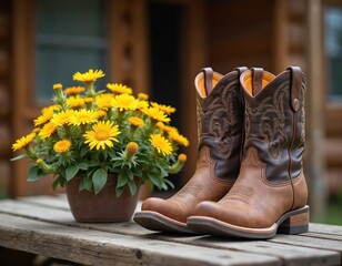 Rustic cowboy boots crafted from aged brown leather sit on weathered wooden table beside pot of vibrant yellow flowers. Footwear intricate stitching detail, classic western style, evoking sense of