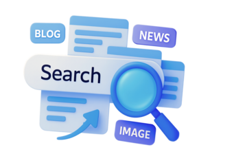 Transparent PNG of Search Interface Concept: Magnifying Glass, Search Bar & Media Labels ‘BLOG,’ ‘NEWS,’ ‘IMAGE’ – Flat Design Symbolizing Online Information Discovery