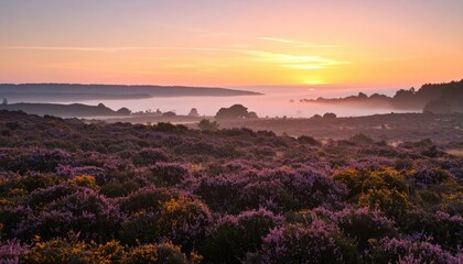 Sunrise over Heather Moorland: A beautiful landscape scene featuring vast fields of blooming purple heather under a vibrant sunrise sky with mist in the distant valleys.