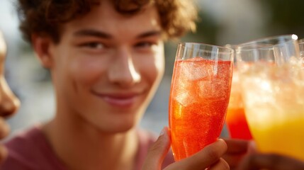 A group of friends raising colorful drinks in celebration. The joyful moment captures friendship and togetherness. Perfect for lifestyle, party, or summer themes. AI