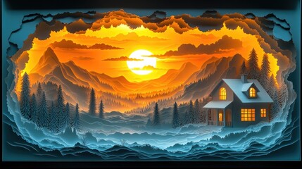 Cozy Home in Mountain Sunset Papercut Art