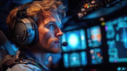 Pilot in Cockpit Wearing Headset Flying Plane