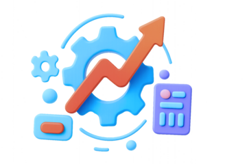 Transparent PNG of Business Technology Icons: Gear, Growth Arrow, Dashboard Panel & Analytical Elements – Conceptual Design for Data, Innovation & System Processes
