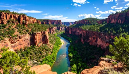 Aerial View of a Majestic Canyon with a Winding River Under Blue Skies