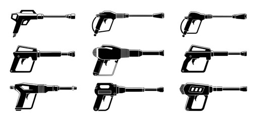 Black pressure washer gun icons collection spray nozzle