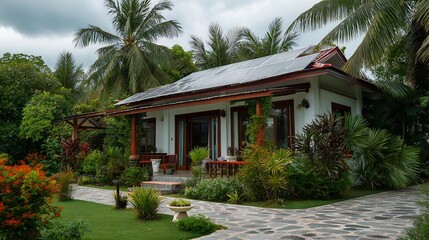 Fototapeta premium Tropical villa with solar panels surrounded by lush greenery and palm trees vacation rental home stay