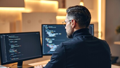 A focused man sits at his modern desk, surrounded by two sleek computer monitors displaying vibrant graphics, with a notepad and coffee cup nearby.