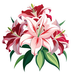 Pink floral bouquet vector illustration with spring flowers and decorative leaves in vintage design