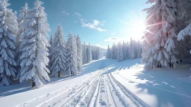 Sunlit snowy forest with ski trail and sparkling snow under clear sky surrounded by snow-covered trees
