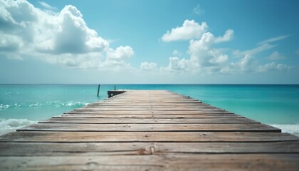 Obraz premium Wooden pier extends into calm turquoise ocean under bright blue sky with fluffy white clouds. Gentle waves lap the shore. Tropical paradise scene evokes serenity, relaxation and vacation feelings.