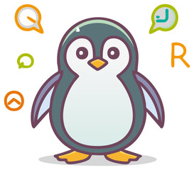 Obraz premium Cartoon penguin surrounded by speech bubbles and the letter R concept illustration