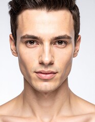 Fototapeta premium A shirtless man stands confidently, gazing directly at the camera with a relaxed expression, showcasing his toned physique against a blurred outdoor backdrop.