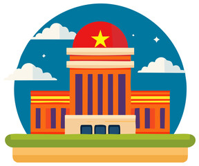 Naklejka premium Stylized illustration of a building with a red star, clouds, against a blue circle in the background