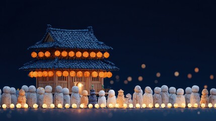 Snowy Asian-style house lit by lanterns.  Many snowmen