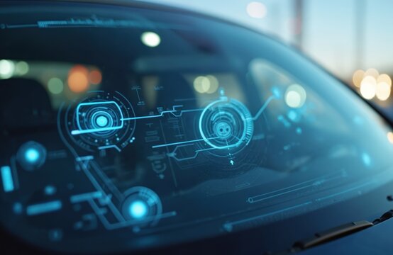 HUD display shows glowing blue futuristic interface on car windshield. Advanced Driver Assistance Systems integrate cameras, sensors for navigation, safety features like emergency braking, lane - Powered by Adobe