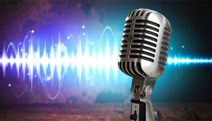 Microphone surrounded by glowing audio waveforms, concept of voice and podcast, dark background