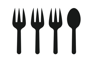 Three black forks and one black spoon arranged in a row, isolated on a white background, symbolizing dining or eating utensils