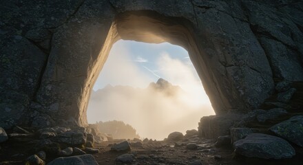 A stunning natural archway frames a misty landscape, with mountains shrouded in fog under a serene sky, creating a mystical atmosphere.