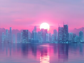 Obraz premium Retro-Futuristic City Skyline With Holographic Pastel Effects