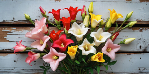 Colorful Bell Flowers Arrangement Rustic Wood Background pink flowers red flowers