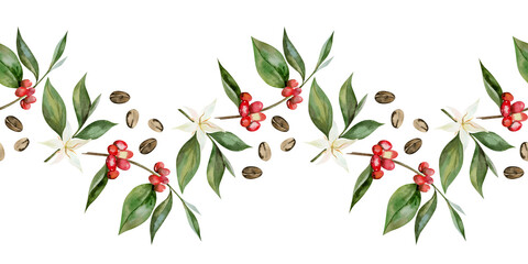 Watercolor coffee beans and branch with berries seamless border. The illustration botanical style hand drawn for menu, invitations, cards, packaging. © Lena